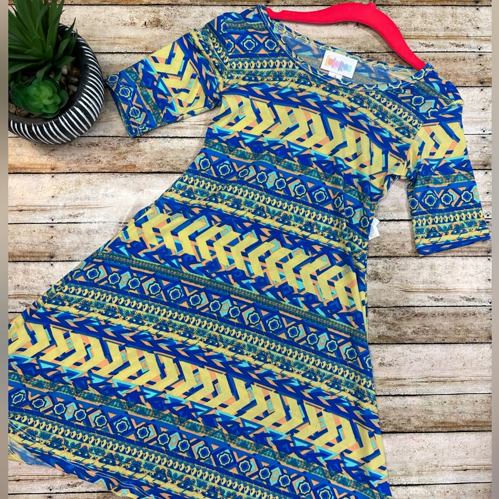 Blue and Yellow Funky Arrow Kids Dress (vaulted LuLaRoe Adeline, vintage LLR)